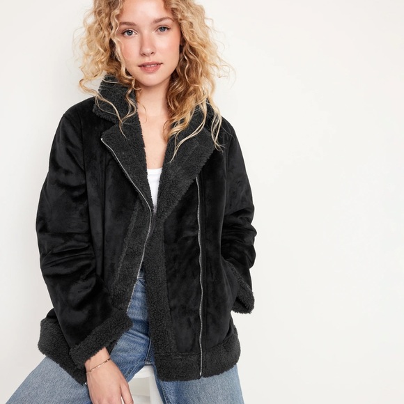 NWT OLD NAVY Faux-Suede Sherpa-Lined Moto Jacket Color Black SIZE SMALL - Picture 4 of 6